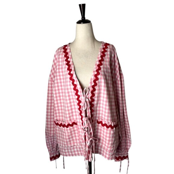 Haptics Jacket Women Large Pink Red Gingham Strawberry Shortcake Cardigan NWT - Picture 1 of 9